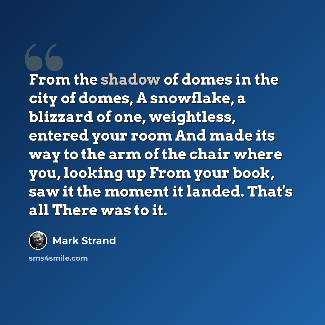 “From the shadow of domes in the city of domes, A snowflake, a blizzard of one, weightless, entered your room And made its way to the arm of the chair where you, looking up From your book, saw it the moment it landed. That's all There was to it.” quote by Mark Strand