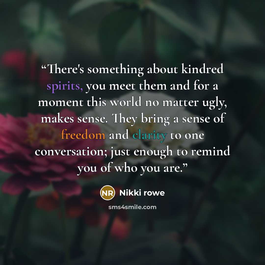 “There's something about kindred spirits, you meet them and for a moment this world no matter ugly, makes sense. They bring a sense of freedom and clarity to one conversation; just enough to remind you of who you are.” quote by Nikki Rowe