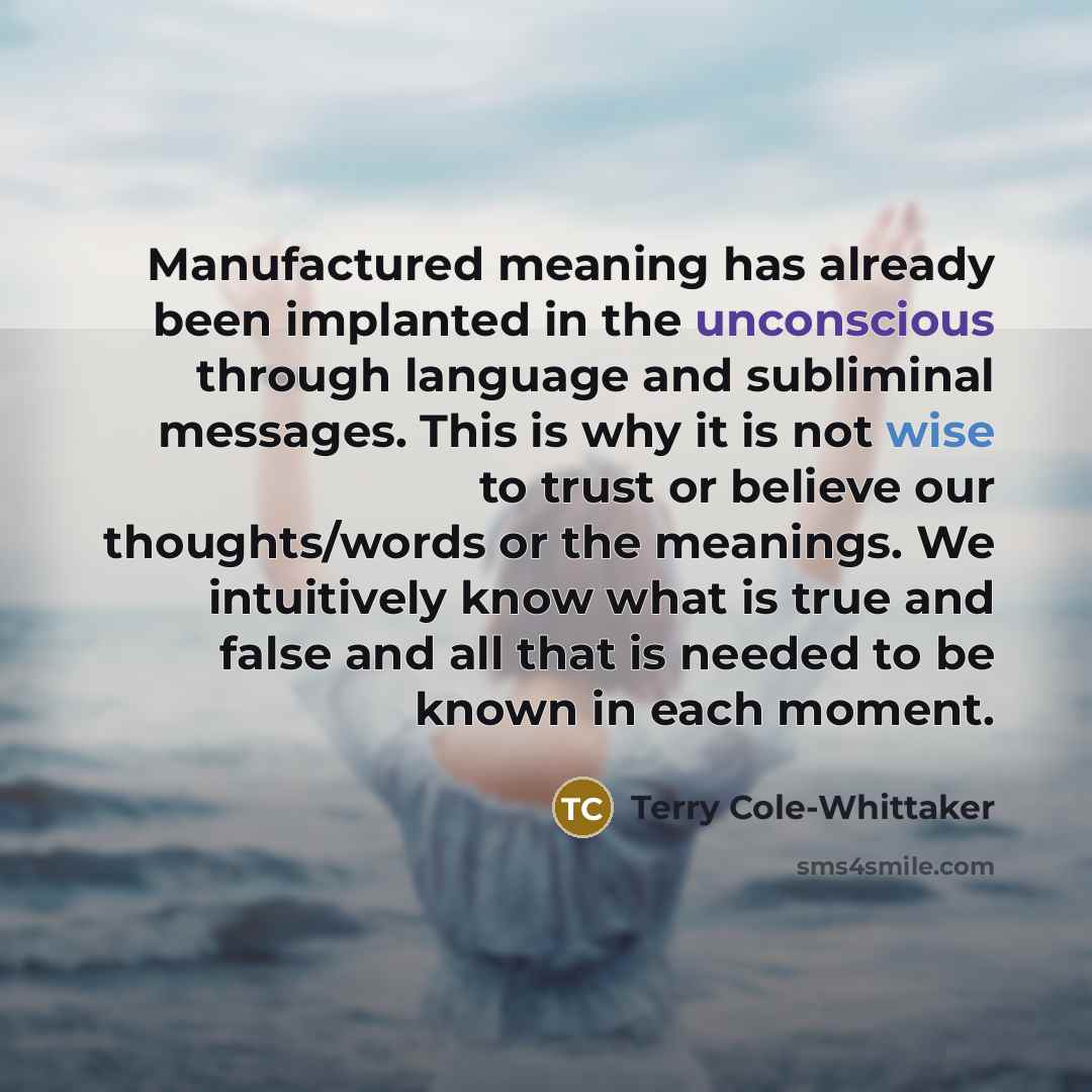 “Manufactured meaning has already been implanted in the unconscious through language and subliminal messages. This is why it is not wise to trust or believe our thoughts/words or the meanings. We intuitively know what is true and false and all that is needed to be known in each moment.” quote by Terry Cole-Whittaker