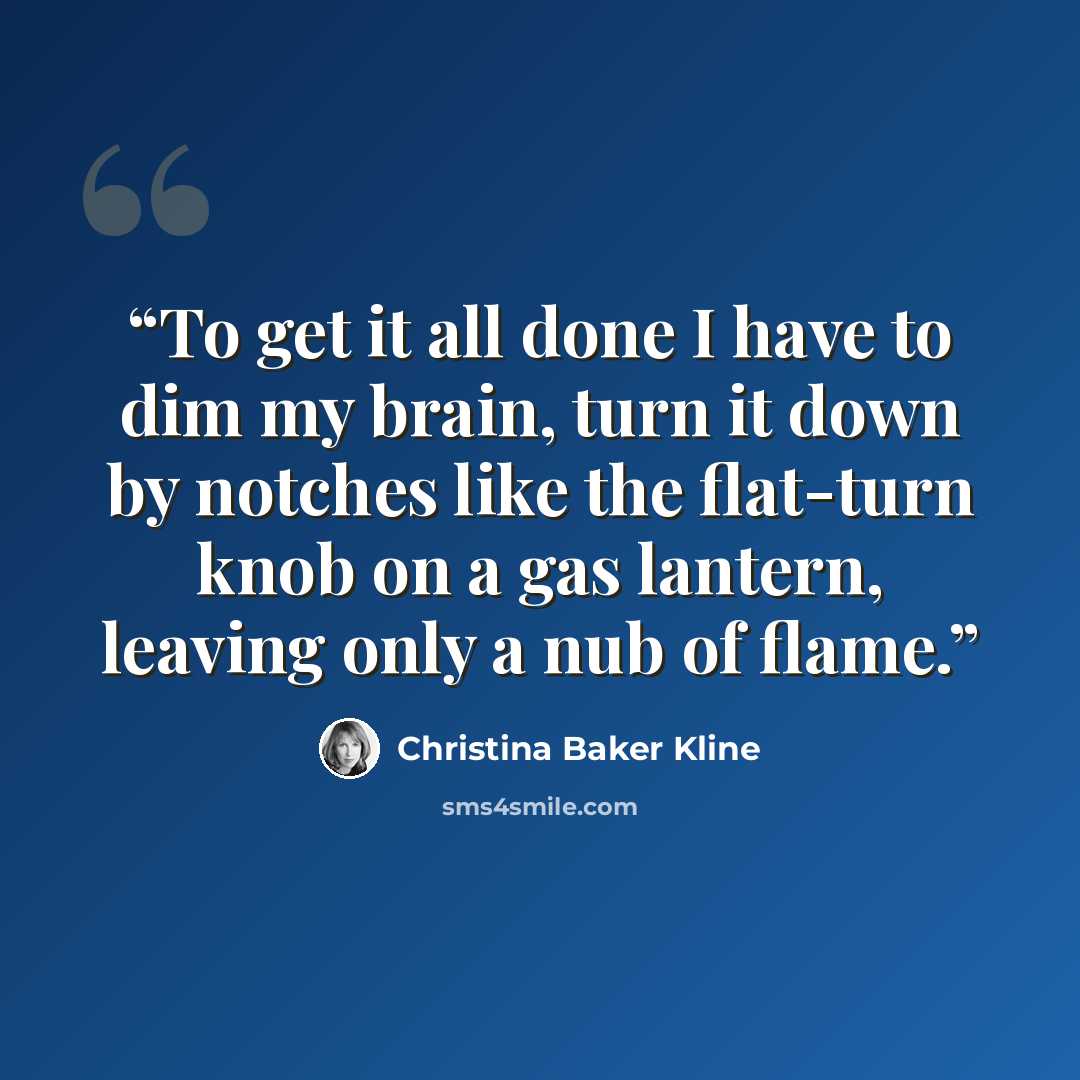 “To get it all done I have to dim my brain, turn it down by notches like the flat-turn knob on a gas lantern, leaving only a nub of flame.” quote by Christina Baker Kline