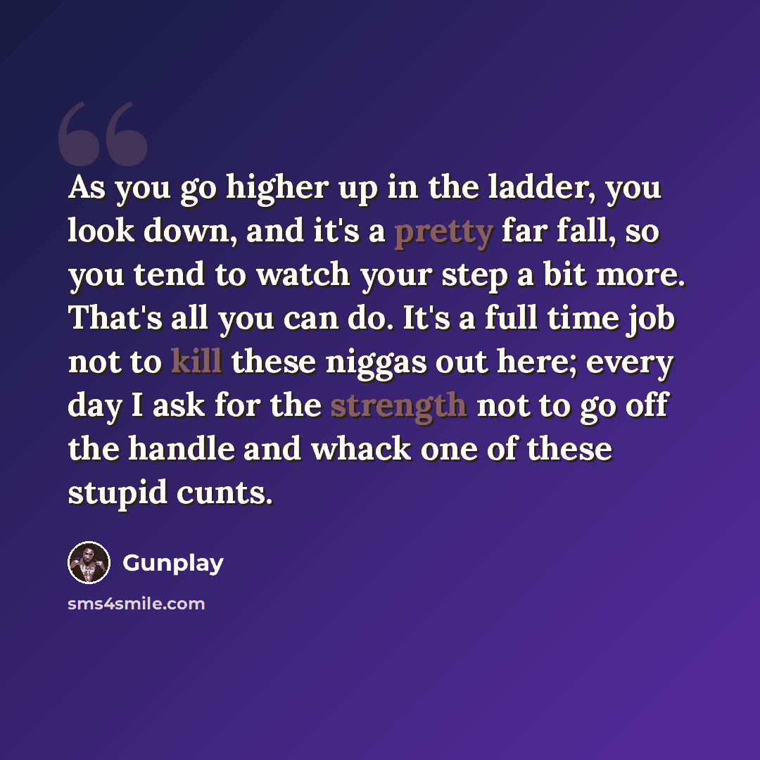 “As you go higher up in the ladder, you look down, and it's a pretty far fall, so you tend to watch your step a bit more. That's all you can do. It's a full time job not to kill these niggas out here; every day I ask for the strength not to go off the handle and whack one of these stupid cunts.” quote by Gunplay