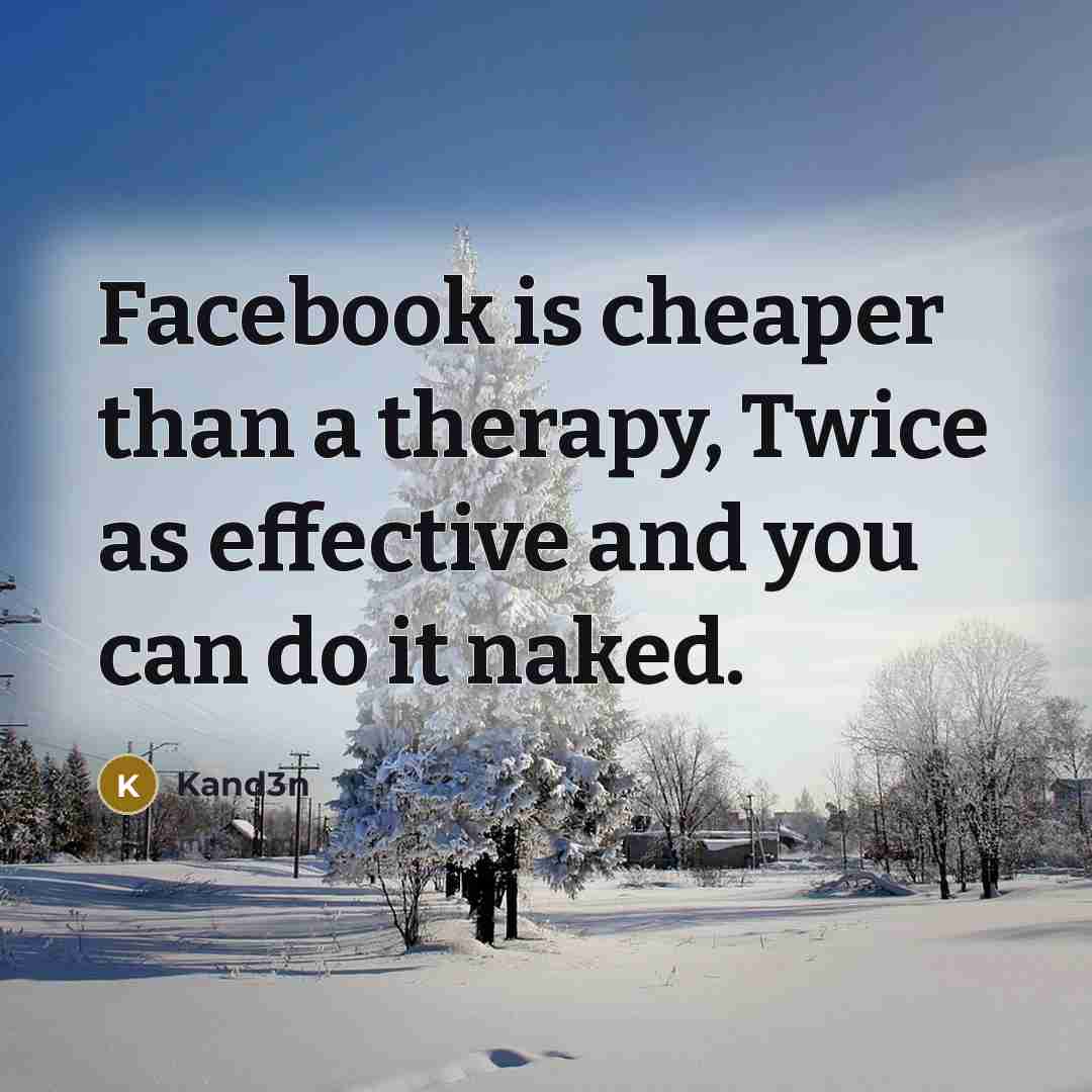 “Facebook is cheaper than a therapy, Twice as effective and you can do it naked.” quote by Kand3n