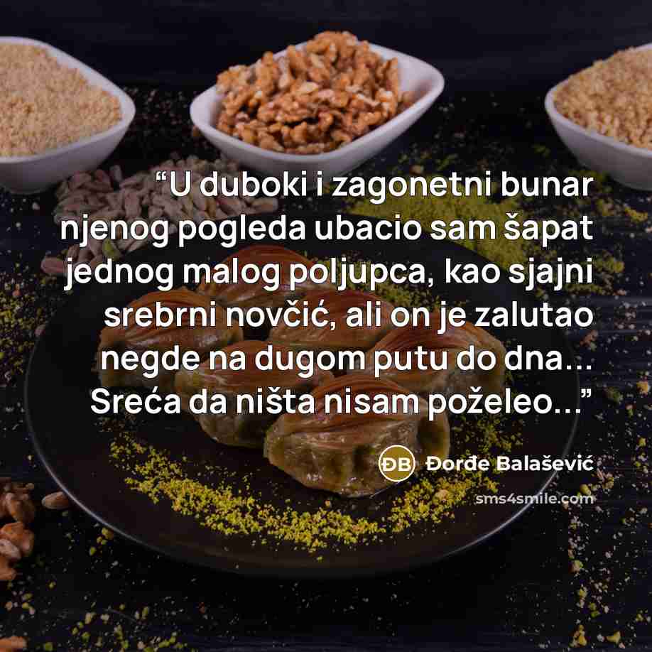 “U duboki i zagonetni bunar njenog pogleda ubacio sam šapat jednog malog poljupca, kao sjajni srebrni novčić, ali on je zalutao negde na dugom putu do dna... Sreća da ništa nisam poželeo...” quote by Đorđe Balašević