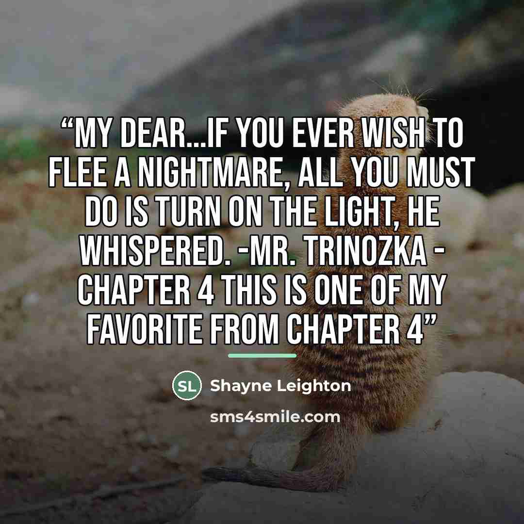 “My dear…if you ever wish to flee a nightmare, all you must do is turn on the light, he whispered. -Mr. Trinozka - Chapter 4 This is one of my favorite from chapter 4” quote by Shayne Leighton