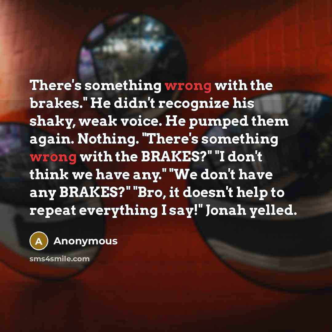 “There's something wrong with the brakes." He didn't recognize his shaky, weak voice. He pumped them again. Nothing. "There's something wrong with the BRAKES?" "I don't think we have any." "We don't have any BRAKES?" "Bro, it doesn't help to repeat everything I say!" Jonah yelled.” quote by Anonymous