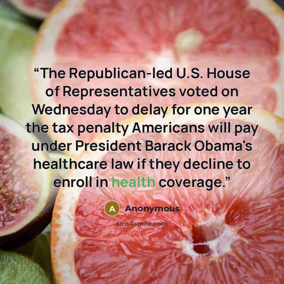 “The Republican-led U.S. House of Representatives voted on Wednesday to delay for one year the tax penalty Americans will pay under President Barack Obama's healthcare law if they decline to enroll in health coverage.” quote by Anonymous