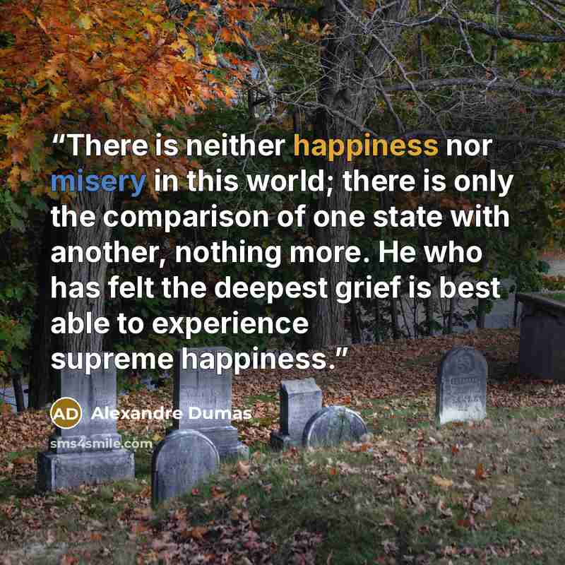 “There is neither happiness nor misery in this world; there is only the comparison of one state with another, nothing more. He who has felt the deepest grief is best able to experience supreme happiness.” quote by Alexandre Dumas