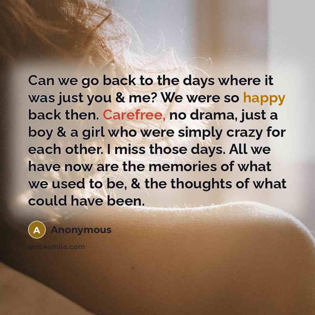 “Can we go back to the days where it was just you & me? We were so happy back then. Carefree, no drama, just a boy & a girl who were simply crazy for each other. I miss those days. All we have now are the memories of what we used to be, & the thoughts of what could have been.” quote by Anonymous