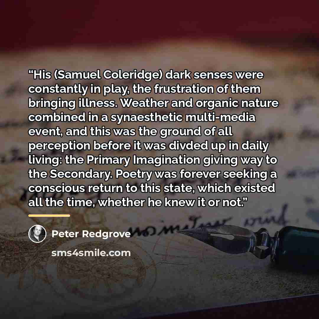 “His (Samuel Coleridge) dark senses were constantly in play, the frustration of them bringing illness. Weather and organic nature combined in a synaesthetic multi-media event, and this was the ground of all perception before it was divded up in daily living: the Primary Imagination giving way to…” quote by Peter Redgrove