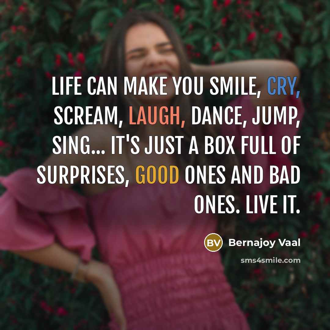 “Life can make you smile, cry, scream, laugh, dance, jump, sing... it's just a box full of surprises, good ones and bad ones. Live it.” quote by Bernajoy Vaal