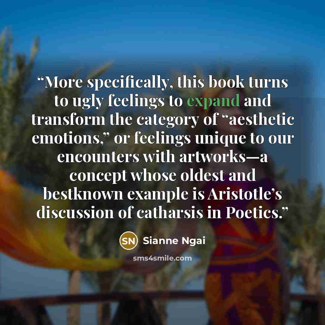 “More specifically, this book turns to ugly feelings to expand and transform the category of “aesthetic emotions,” or feelings unique to our encounters with artworks—a concept whose oldest and bestknown example is Aristotle’s discussion of catharsis in Poetics.” quote by Sianne Ngai