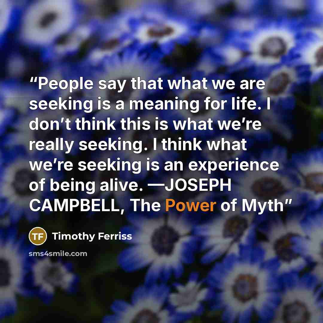 “People say that what we are seeking is a meaning for life. I don’t think this is what we’re really seeking. I think what we’re seeking is an experience of being alive. —JOSEPH CAMPBELL, The Power of Myth” quote by Timothy Ferriss