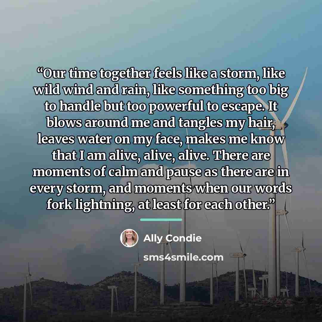 “Our time together feels like a storm, like wild wind and rain, like something too big to handle but too powerful to escape. It blows around me and tangles my hair, leaves water on my face, makes me know that I am alive, alive, alive. There are moments of calm and pause as there are in every storm…” quote by Ally Condie