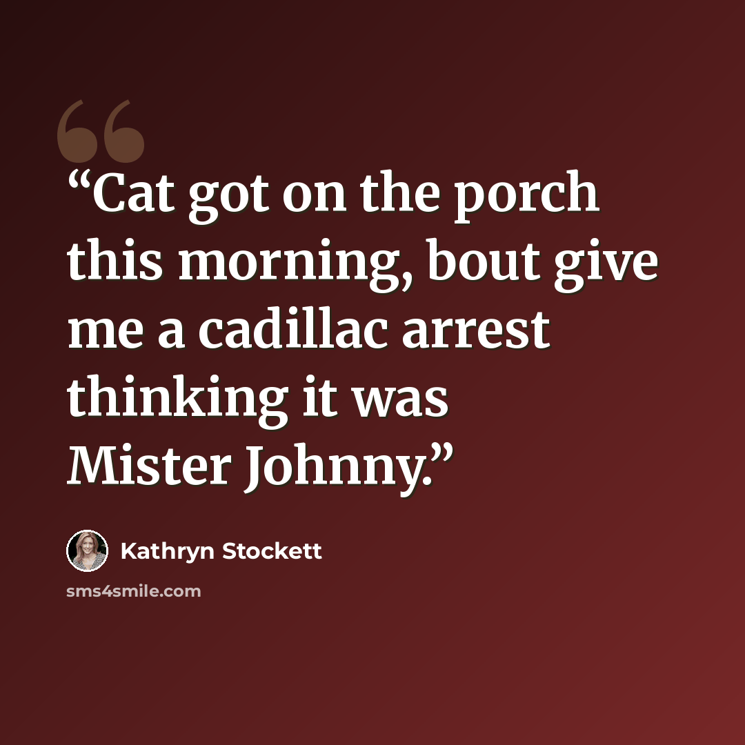 “Cat got on the porch this morning, bout give me a cadillac arrest thinking it was Mister Johnny.” quote by Kathryn Stockett