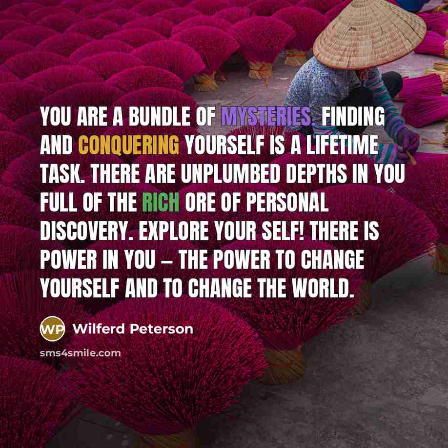 “You are a bundle of mysteries. Finding and conquering yourself is a lifetime task. There are unplumbed depths in you full of the rich ore of personal discovery. Explore your self! There is power in you — the power to change yourself and to change the world.” quote by Wilferd Peterson