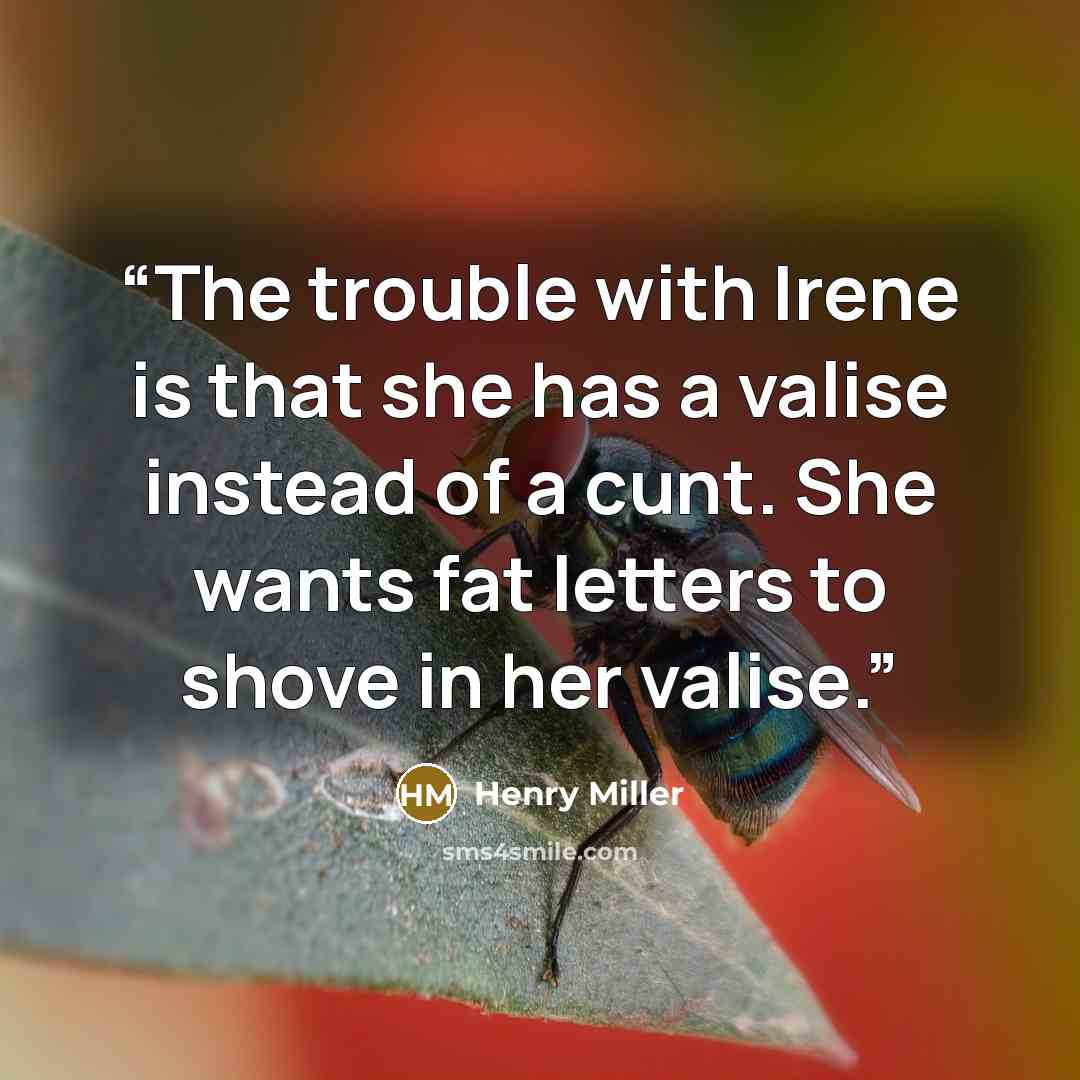 “The trouble with Irene is that she has a valise instead of a cunt. She wants fat letters to shove in her valise.” quote by Henry Miller