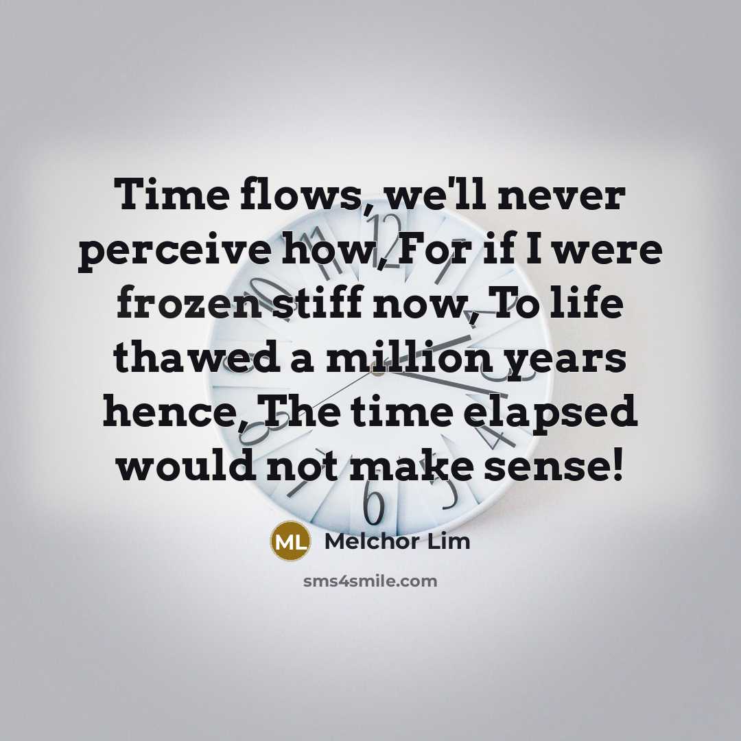 “Time flows, we'll never perceive how, For if I were frozen stiff now, To life thawed a million years hence, The time elapsed would not make sense!” quote by Melchor Lim