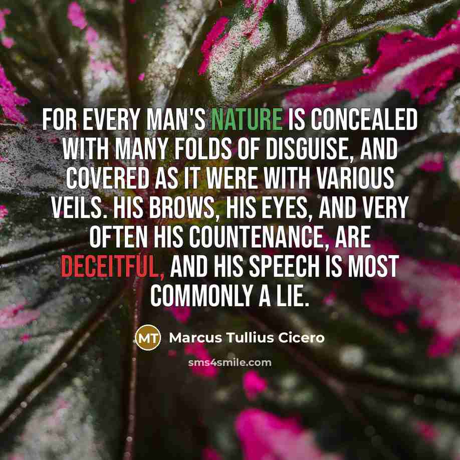 “For every man's nature is concealed with many folds of disguise, and covered as it were with various veils. His brows, his eyes, and very often his countenance, are deceitful, and his speech is most commonly a lie.” quote by Marcus Tullius Cicero