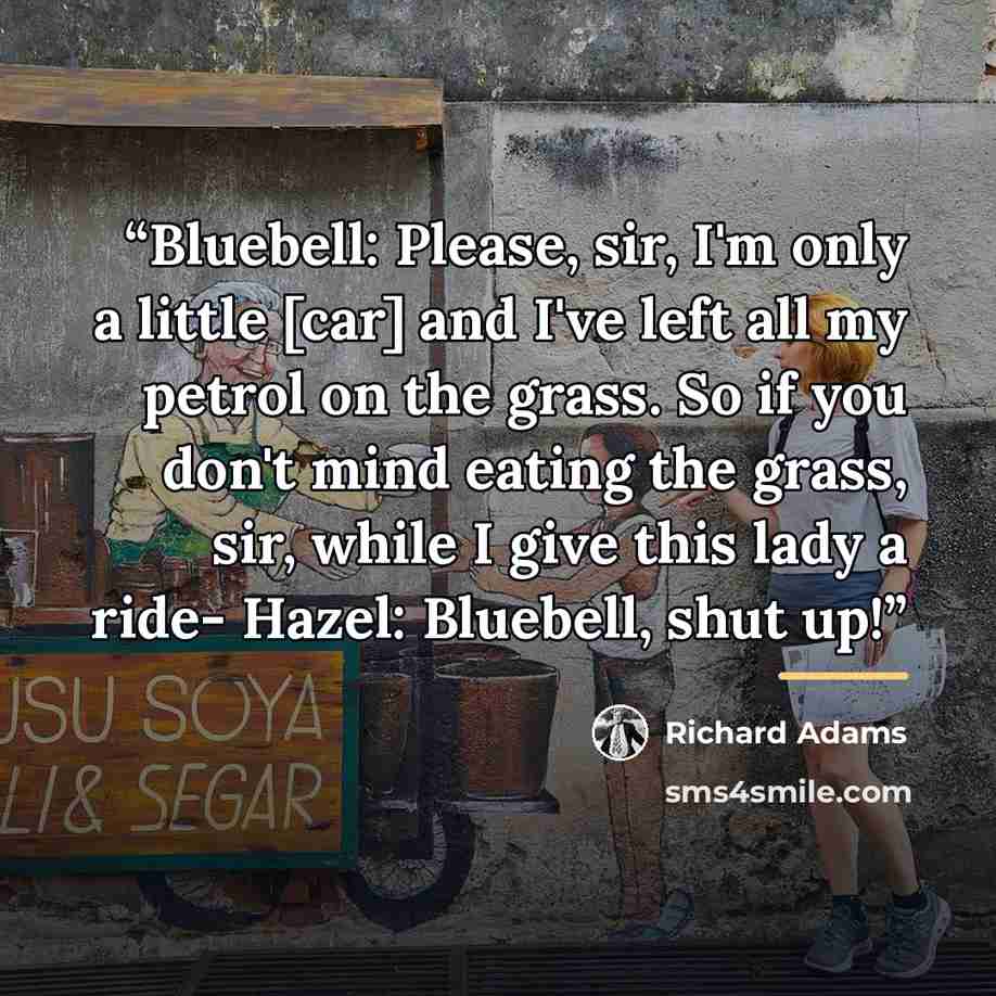 “Bluebell: Please, sir, I'm only a little [car] and I've left all my petrol on the grass. So if you don't mind eating the grass, sir, while I give this lady a ride- Hazel: Bluebell, shut up!” quote by Richard Adams
