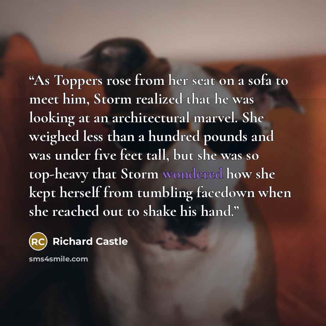 “As Toppers rose from her seat on a sofa to meet him, Storm realized that he was looking at an architectural marvel. She weighed less than a hundred pounds and was under five feet tall, but she was so top-heavy that Storm wondered how she kept herself from tumbling facedown when she reached out to…” quote by Richard Castle