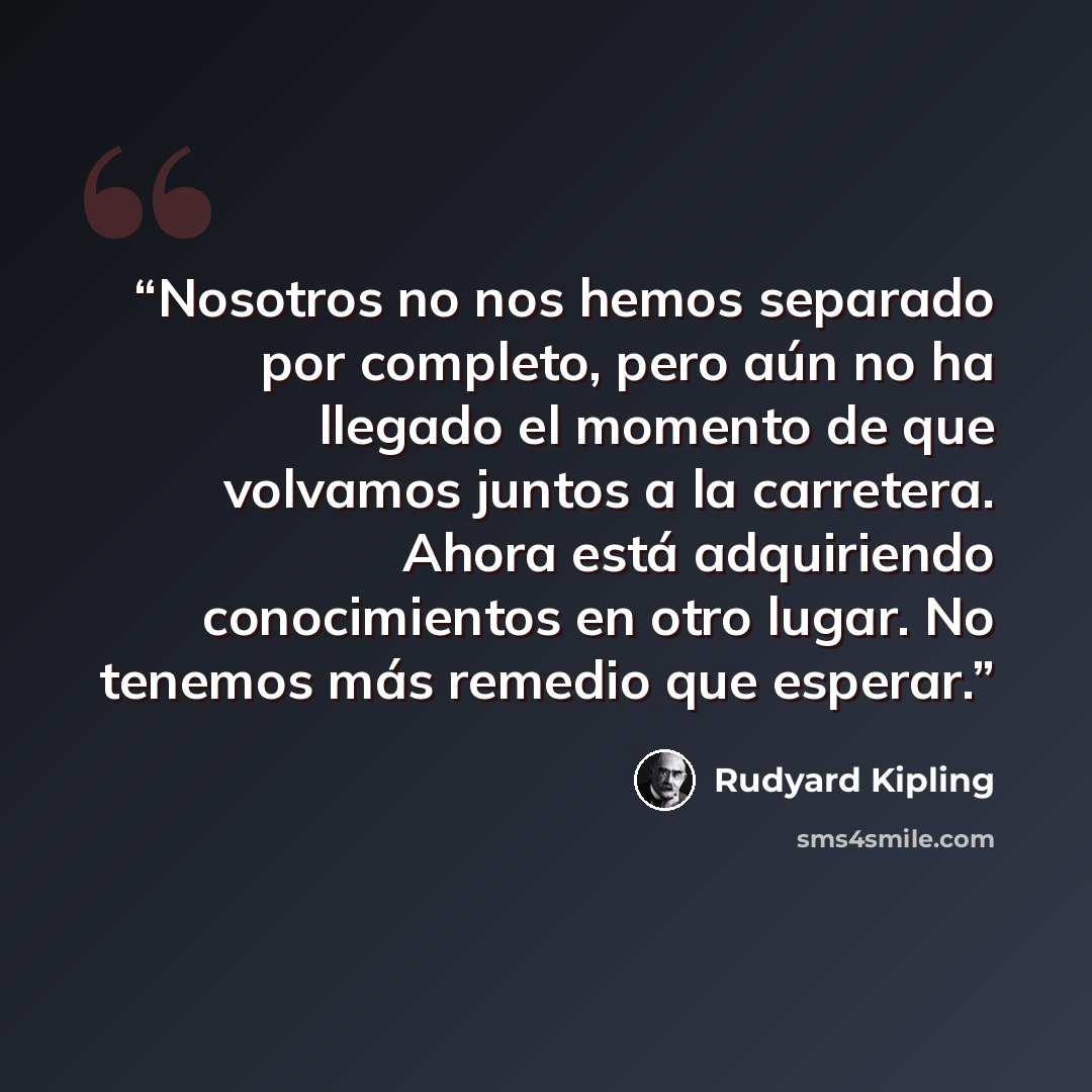 “Nosotros no nos hemos separado por completo, pero aún no ha llegado el momento de que volvamos juntos a la carretera. Ahora está adquiriendo conocimientos en otro lugar. No tenemos más remedio que esperar.” quote by Rudyard Kipling