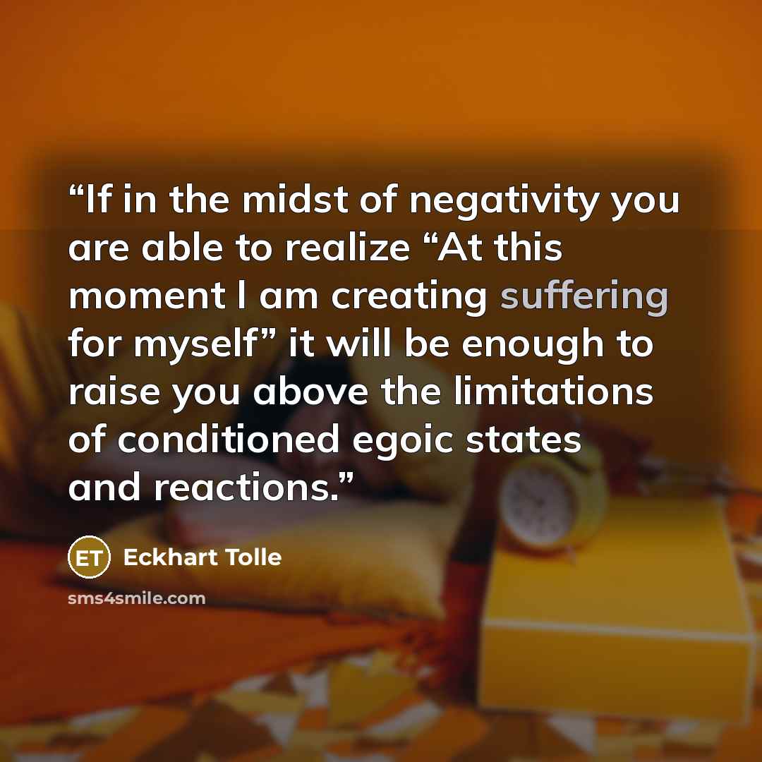 “If in the midst of negativity you are able to realize “At this moment I am creating suffering for myself” it will be enough to raise you above the limitations of conditioned egoic states and reactions.” quote by Eckhart Tolle
