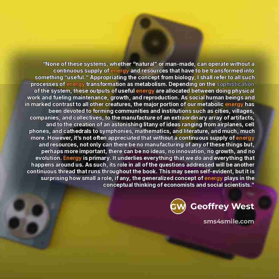 “None of these systems, whether “natural” or man-made, can operate without a continuous supply of energy and resources that have to be transformed into something “useful.” Appropriating the concept from biology, I shall refer to all such processes of energy transformation as metabolism. Depending…” quote by Geoffrey West
