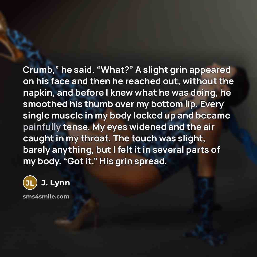 “Crumb,” he said. “What?” A slight grin appeared on his face and then he reached out, without the napkin, and before I knew what he was doing, he smoothed his thumb over my bottom lip. Every single muscle in my body locked up and became painfully tense. My eyes widened and the air caught in my…” quote by J. Lynn