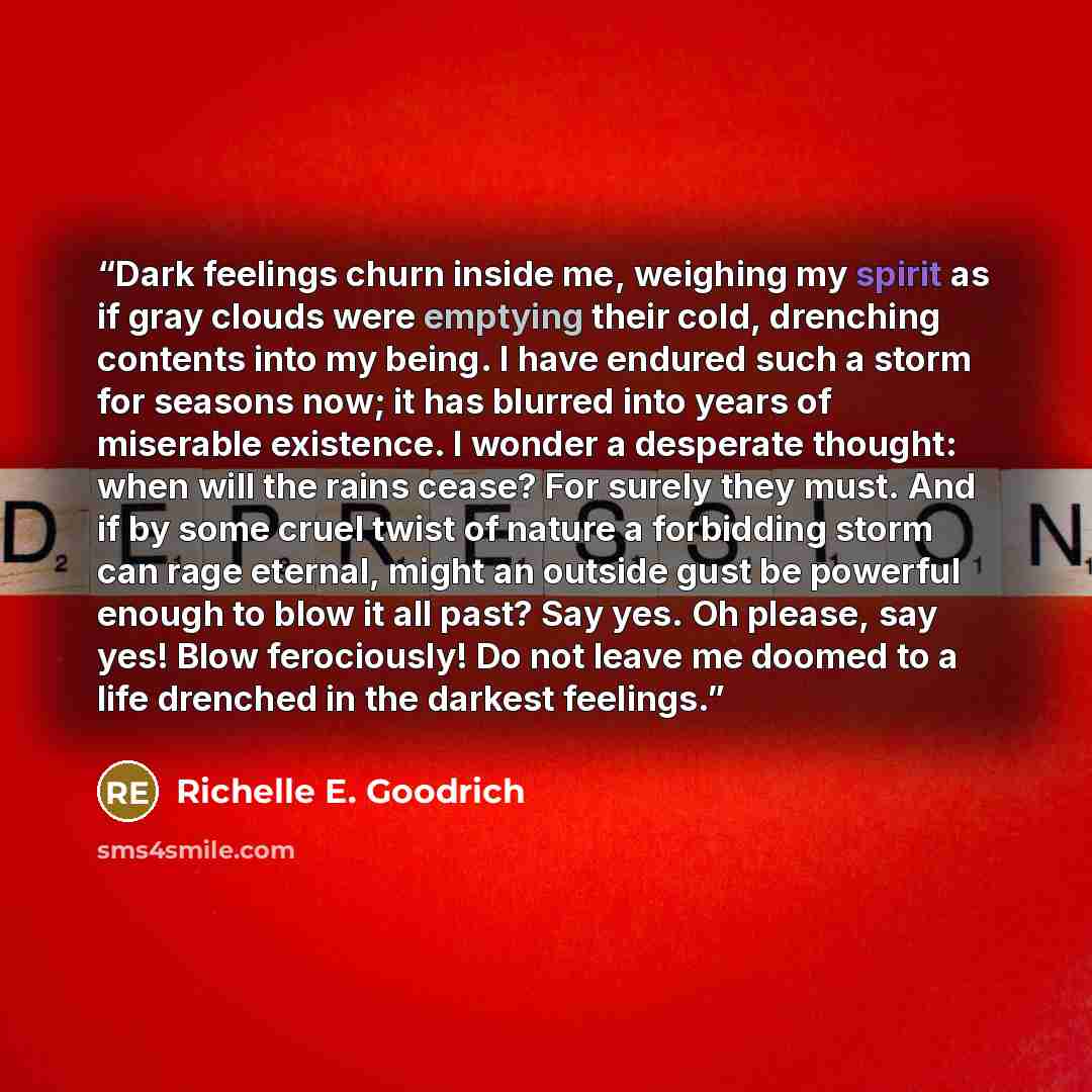“Dark feelings churn inside me, weighing my spirit as if gray clouds were emptying their cold, drenching contents into my being. I have endured such a storm for seasons now; it has blurred into years of miserable existence. I wonder a desperate thought: when will the rains cease? For surely they…” quote by Richelle E. Goodrich