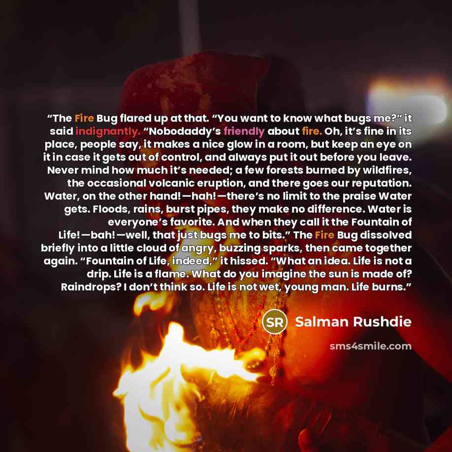 “The Fire Bug flared up at that. “You want to know what bugs me?” it said indignantly. “Nobodaddy’s friendly about fire. Oh, it’s fine in its place, people say, it makes a nice glow in a room, but keep an eye on it in case it gets out of control, and always put it out before you leave. Never mind…” quote by Salman Rushdie