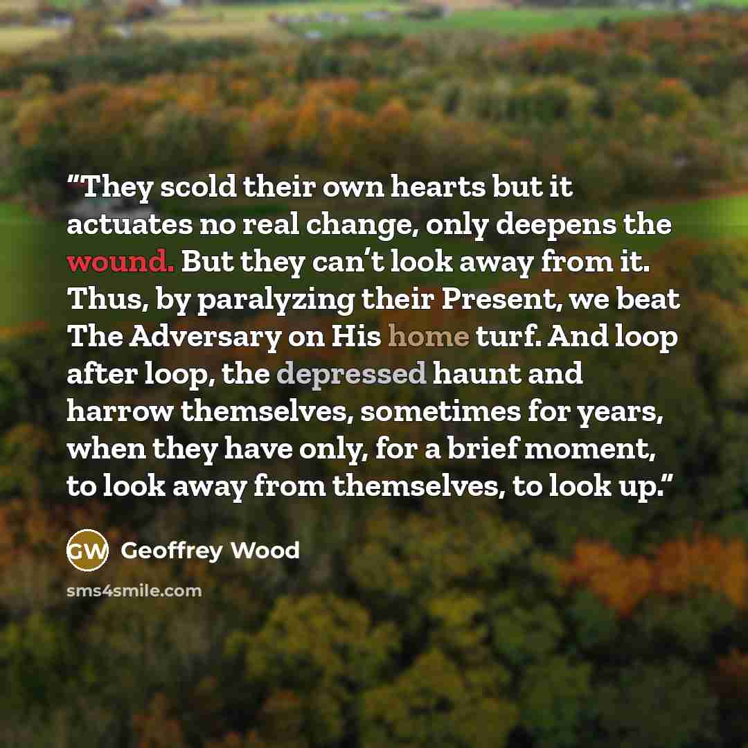 “They scold their own hearts but it actuates no real change, only deepens the wound. But they can’t look away from it. Thus, by paralyzing their Present, we beat The Adversary on His home turf. And loop after loop, the depressed haunt and harrow themselves, sometimes for years, when they have only…” quote by Geoffrey Wood