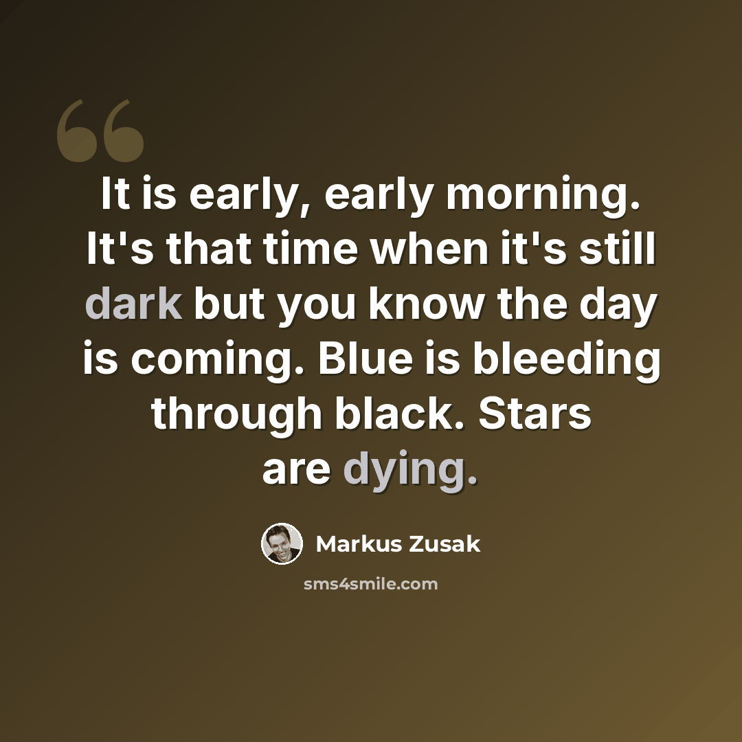 “It is early, early morning. It's that time when it's still dark but you know the day is coming. Blue is bleeding through black. Stars are dying.” quote by Markus Zusak