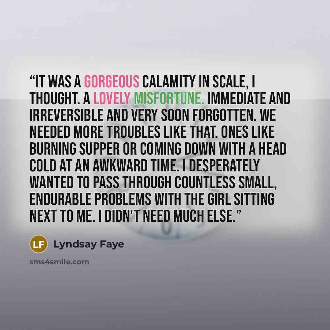 “It was a gorgeous calamity in scale, I thought. A lovely misfortune. Immediate and irreversible and very soon forgotten. We needed more troubles like that. Ones like burning supper or coming down with a head cold at an awkward time. I desperately wanted to pass through countless small, endurable…” quote by Lyndsay Faye