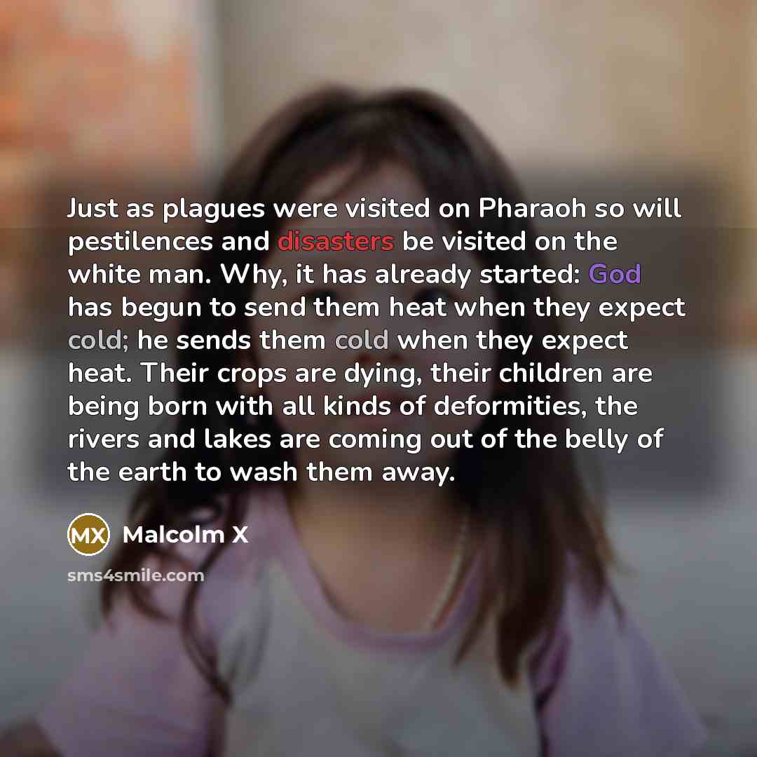 “Just as plagues were visited on Pharaoh so will pestilences and disasters be visited on the white man. Why, it has already started: God has begun to send them heat when they expect cold; he sends them cold when they expect heat. Their crops are dying, their children are being born with all kinds…” quote by Malcolm X