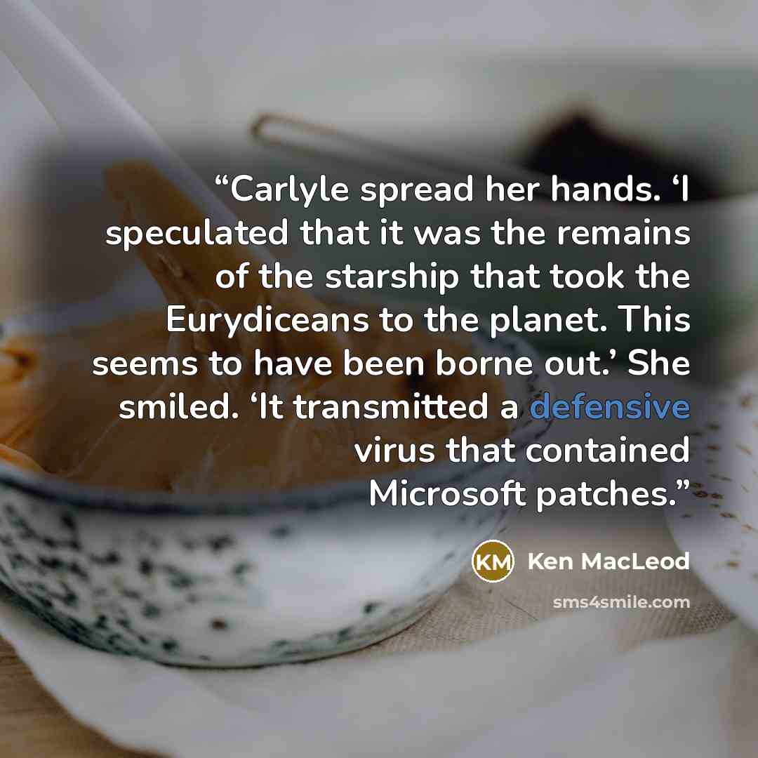 “Carlyle spread her hands. ‘I speculated that it was the remains of the starship that took the Eurydiceans to the planet. This seems to have been borne out.’ She smiled. ‘It transmitted a defensive virus that contained Microsoft patches.” quote by Ken MacLeod