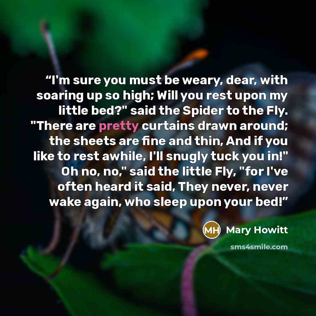 “I'm sure you must be weary, dear, with soaring up so high; Will you rest upon my little bed?" said the Spider to the Fly. "There are pretty curtains drawn around; the sheets are fine and thin, And if you like to rest awhile, I'll snugly tuck you in!" Oh no, no," said the little Fly, "for I've…” quote by Mary Howitt