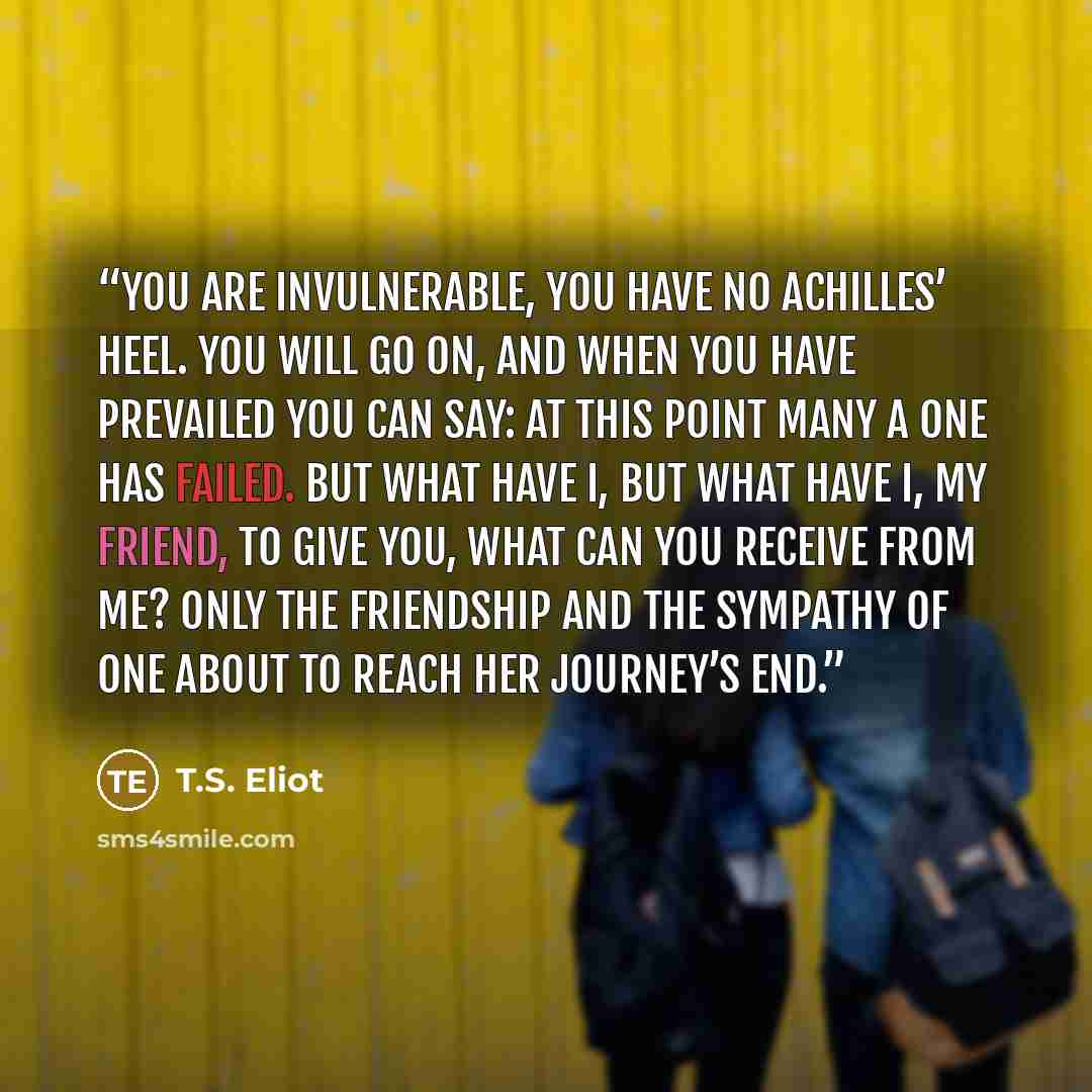 “You are invulnerable, you have no Achilles’ heel. You will go on, and when you have prevailed You can say: at this point many a one has failed. But what have I, but what have I, my friend, To give you, what can you receive from me? Only the friendship and the sympathy Of one about to reach her…” quote by T.S. Eliot