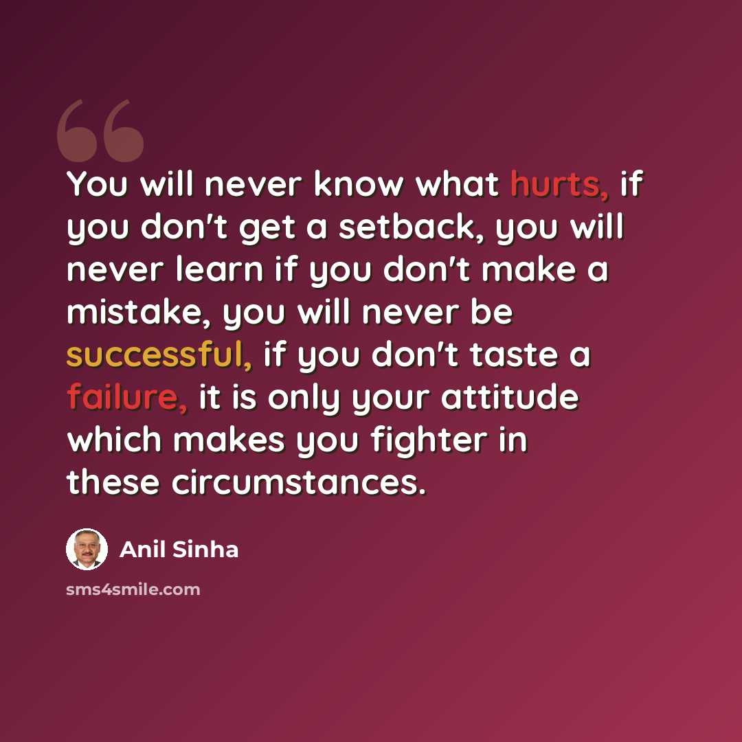 “You will never know what hurts, if you don't get a setback, you will never learn if you don't make a mistake, you will never be successful, if you don't taste a failure, it is only your attitude which makes you fighter in these circumstances.” quote by Anil Sinha