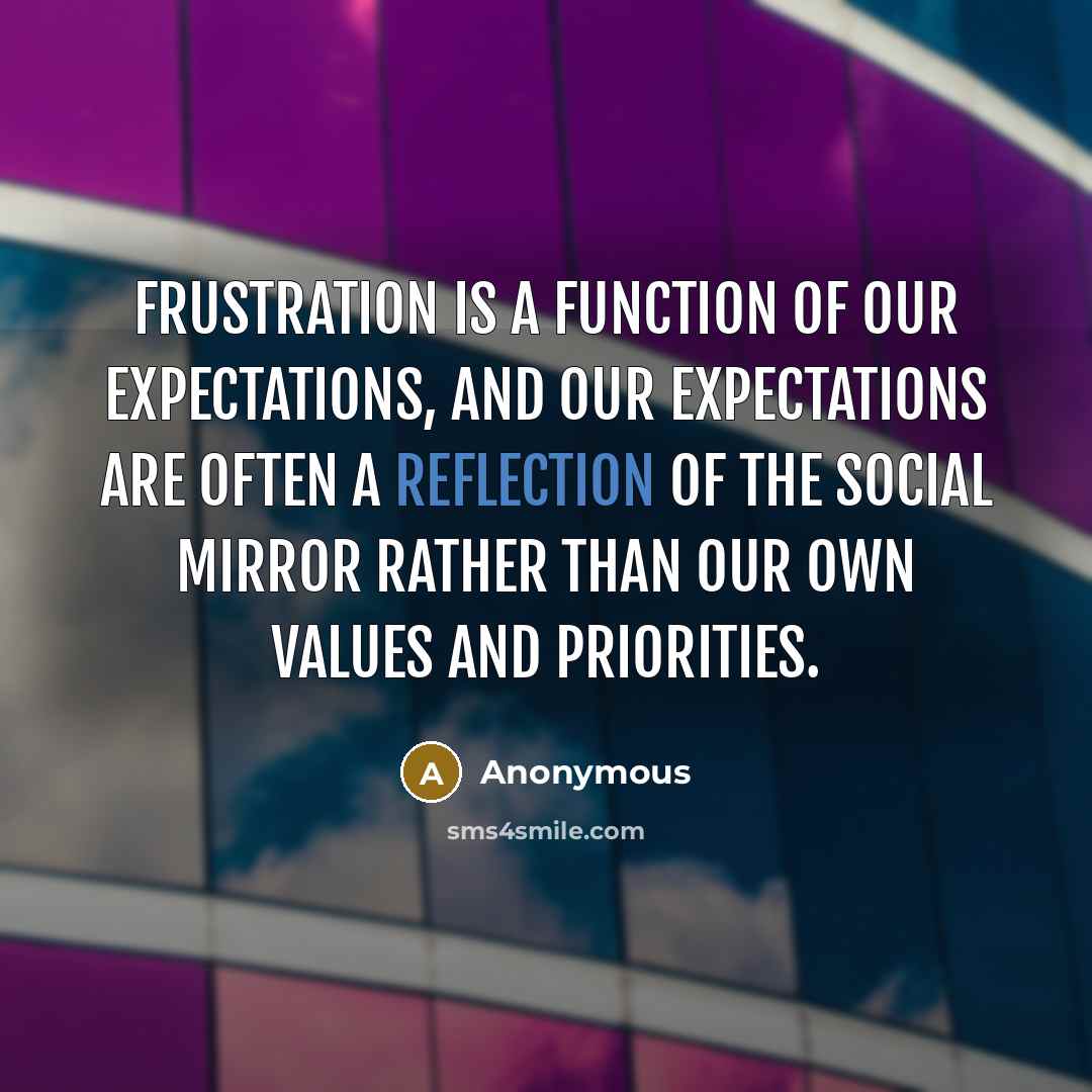 “Frustration is a function of our expectations, and our expectations are often a reflection of the social mirror rather than our own values and priorities.” quote by Anonymous