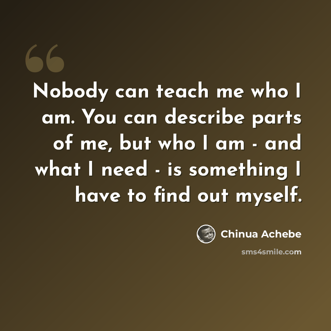 “Nobody can teach me who I am. You can describe parts of me, but who I am - and what I need - is something I have to find out myself.” quote by Chinua Achebe