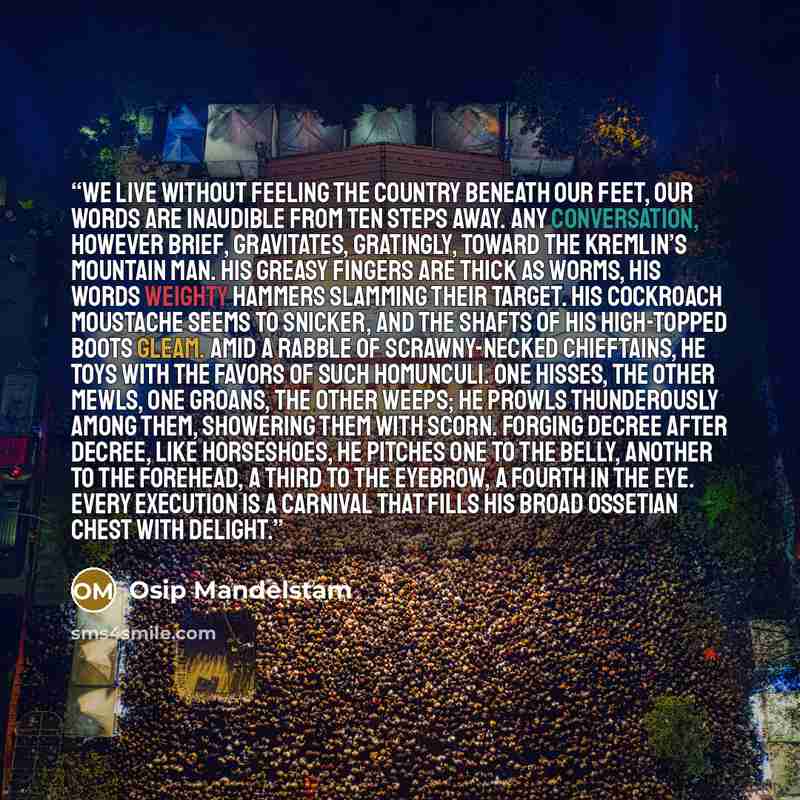 “We live without feeling the country beneath our feet, our words are inaudible from ten steps away. Any conversation, however brief, gravitates, gratingly, toward the Kremlin’s mountain man. His greasy fingers are thick as worms, his words weighty hammers slamming their target. His cockroach…” quote by Osip Mandelstam
