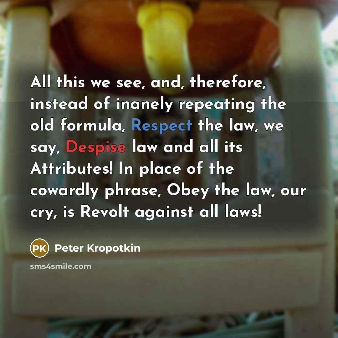 “All this we see, and, therefore, instead of inanely repeating the old formula, Respect the law, we say, Despise law and all its Attributes! In place of the cowardly phrase, Obey the law, our cry, is Revolt against all laws!” quote by Peter Kropotkin