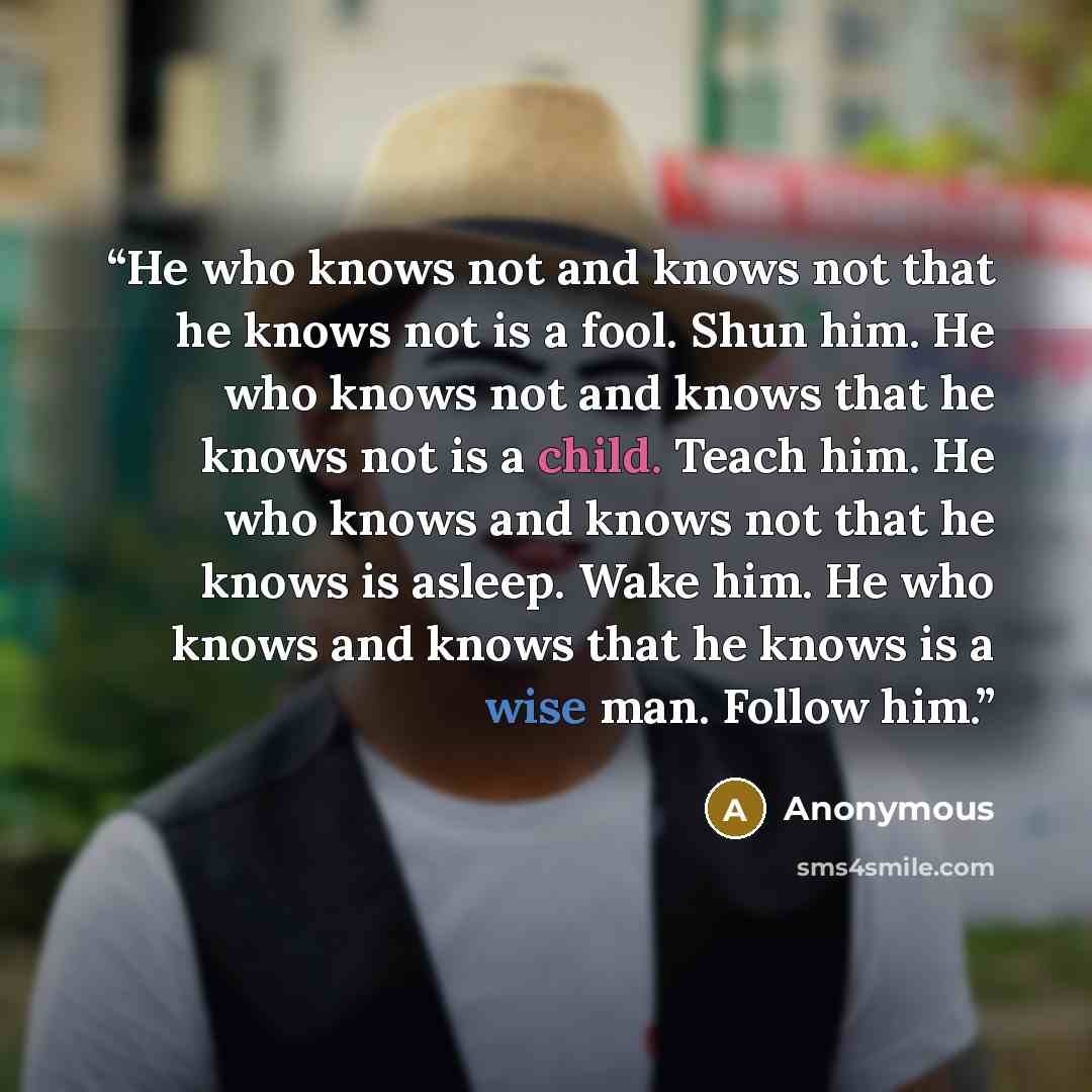 “He who knows not and knows not that he knows not is a fool. Shun him. He who knows not and knows that he knows not is a child. Teach him. He who knows and knows not that he knows is asleep. Wake him. He who knows and knows that he knows is a wise man. Follow him.” quote by Anonymous