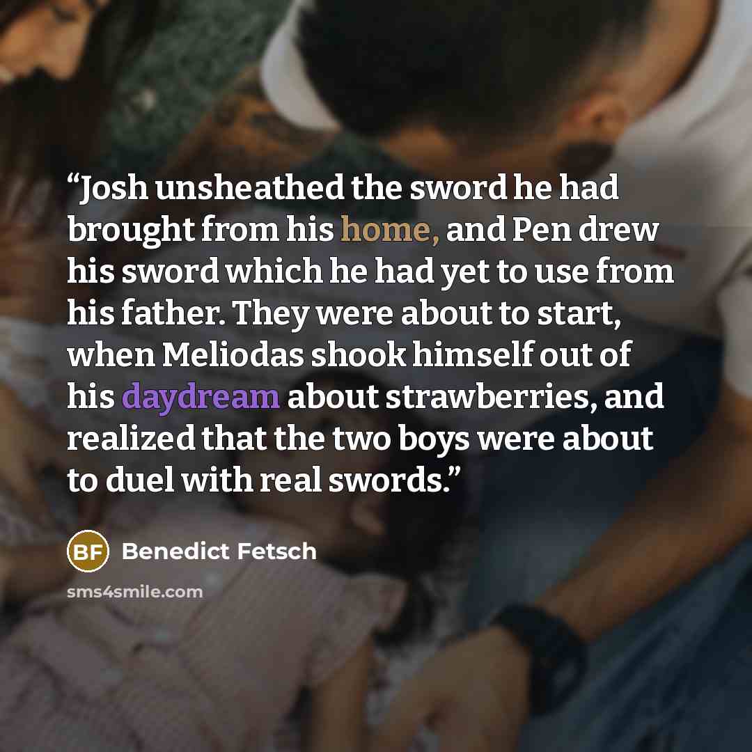 “Josh unsheathed the sword he had brought from his home, and Pen drew his sword which he had yet to use from his father. They were about to start, when Meliodas shook himself out of his daydream about strawberries, and realized that the two boys were about to duel with real swords.” quote by Benedict Fetsch