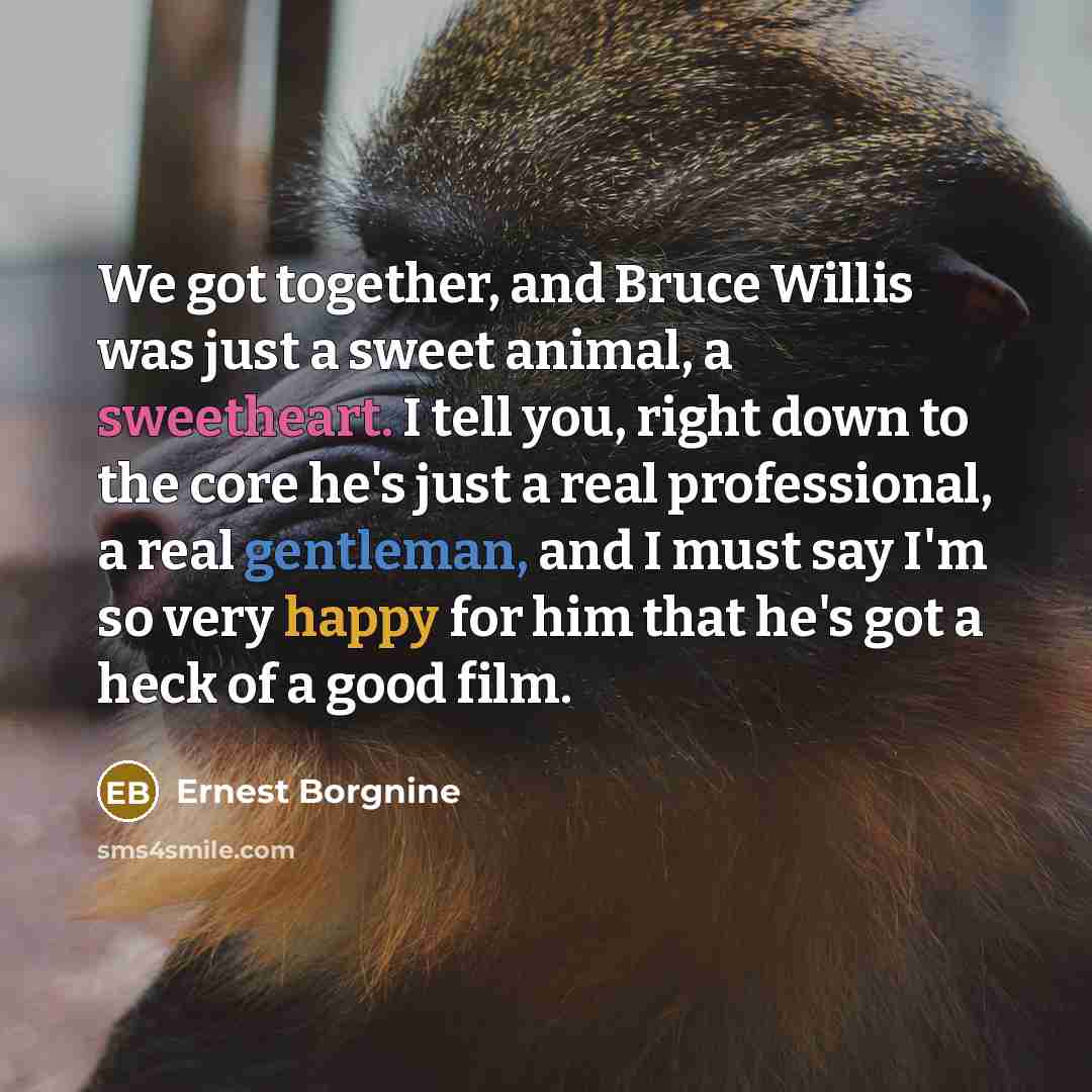 “We got together, and Bruce Willis was just a sweet animal, a sweetheart. I tell you, right down to the core he's just a real professional, a real gentleman, and I must say I'm so very happy for him that he's got a heck of a good film.” quote by Ernest Borgnine