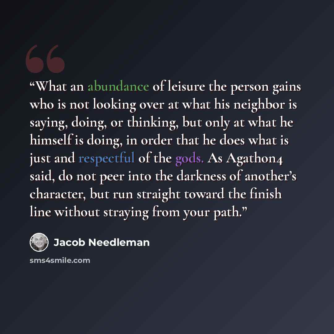 “What an abundance of leisure the person gains who is not looking over at what his neighbor is saying, doing, or thinking, but only at what he himself is doing, in order that he does what is just and respectful of the gods. As Agathon4 said, do not peer into the darkness of another’s character, but…” quote by Jacob Needleman