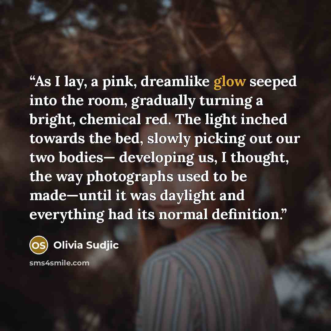 “As I lay, a pink, dreamlike glow seeped into the room, gradually turning a bright, chemical red. The light inched towards the bed, slowly picking out our two bodies— developing us, I thought, the way photographs used to be made—until it was daylight and everything had its normal definition.” quote by Olivia Sudjic