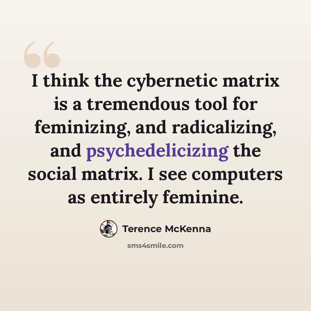 “I think the cybernetic matrix is a tremendous tool for feminizing, and radicalizing, and psychedelicizing the social matrix. I see computers as entirely feminine.” quote by Terence McKenna