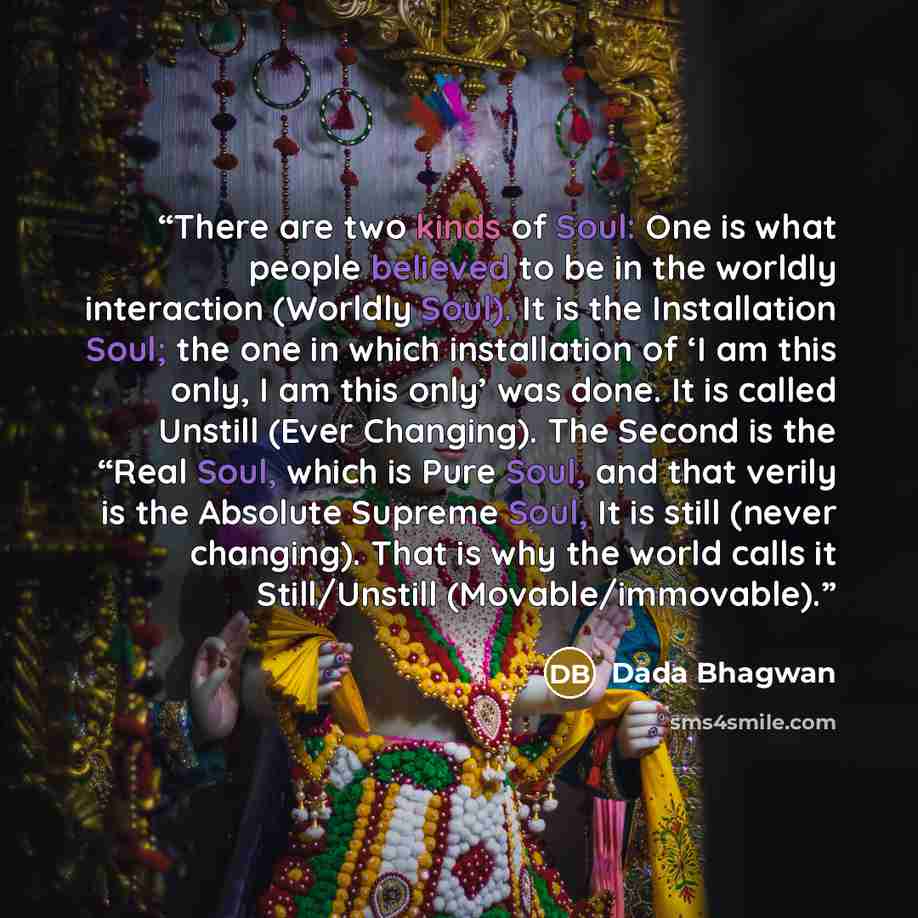 “There are two kinds of Soul: One is what people believed to be in the worldly interaction (Worldly Soul). It is the Installation Soul; the one in which installation of ‘I am this only, I am this only’ was done. It is called Unstill (Ever Changing). The Second is the “Real Soul, which is Pure Soul…” quote by Dada Bhagwan