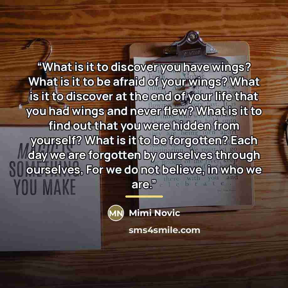 “What is it to discover you have wings? What is it to be afraid of your wings? What is it to discover at the end of your life that you had wings and never ﬂew? What is it to ﬁnd out that you were hidden from yourself? What is it to be forgotten? Each day we are forgotten by ourselves through…” quote by Mimi Novic